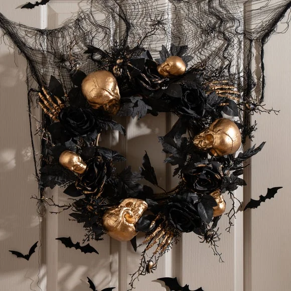 Artificial Black Rose and Gold Skull Wreath – image 1