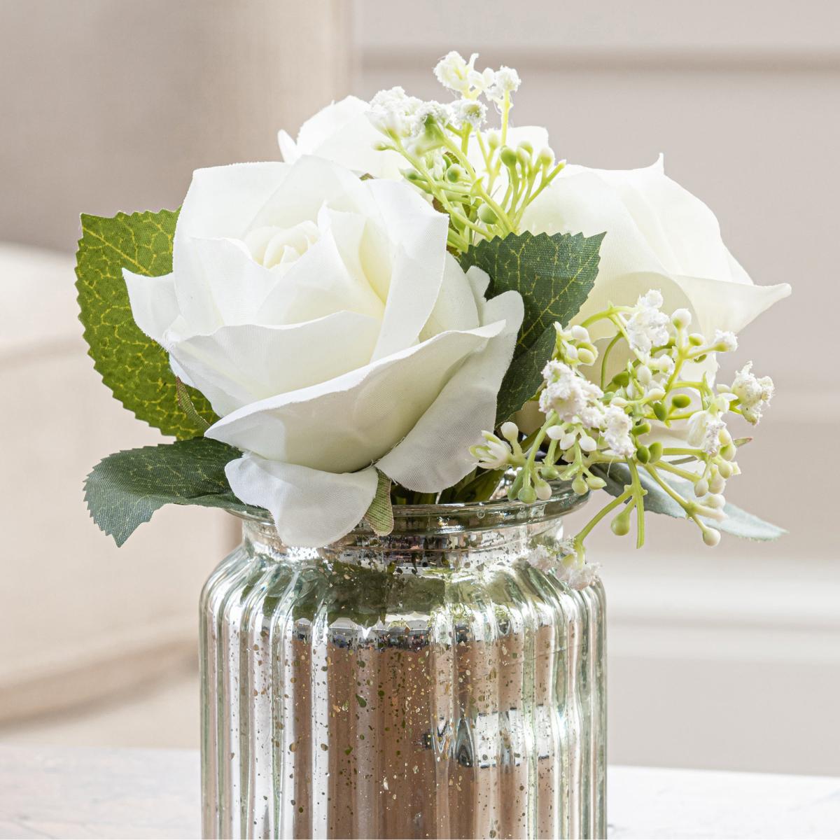 Artificial Roses White in Silver Mercury Vase 18cm White and Silver – image 2