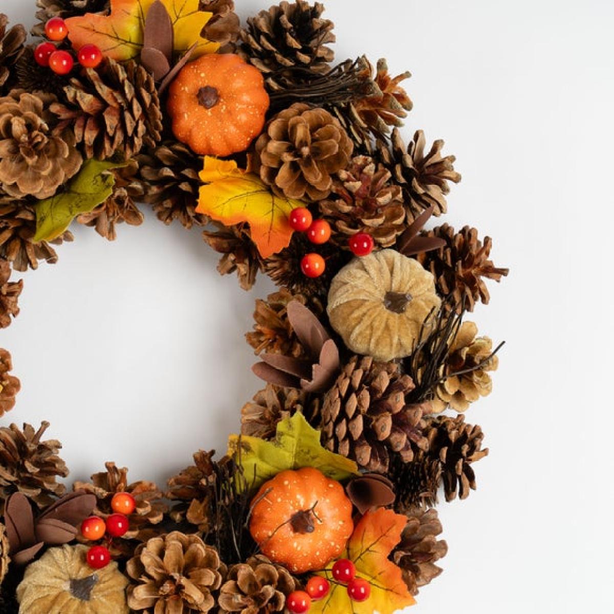 Artificial Autumnal Pumpkin & Pinecone Wreath – image 2