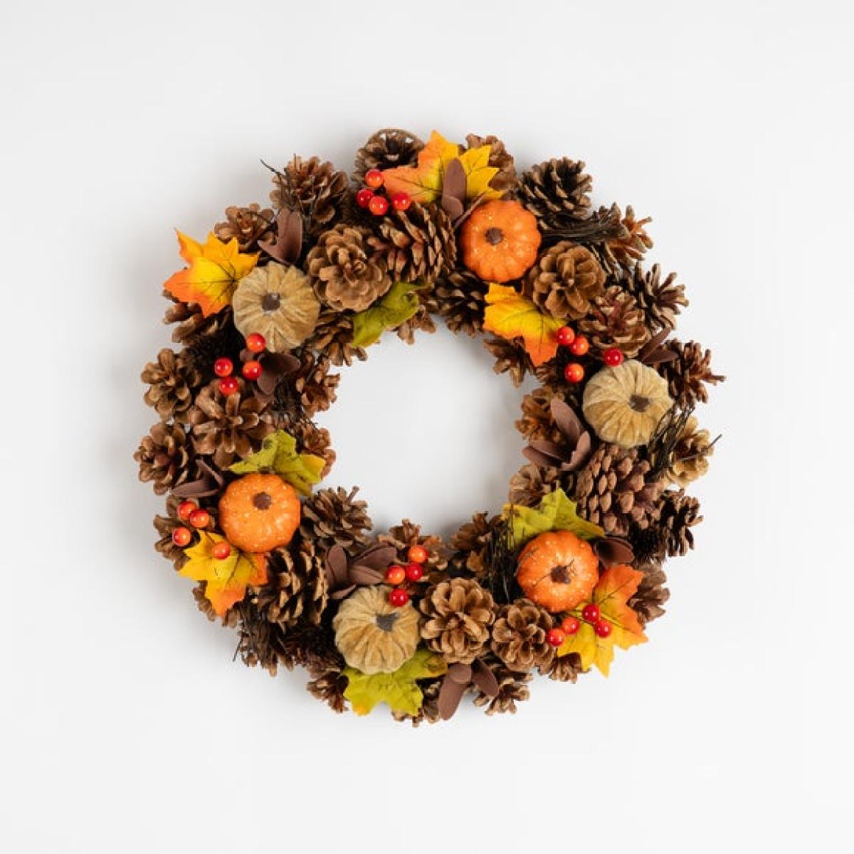 Artificial Autumnal Pumpkin & Pinecone Wreath – image 3