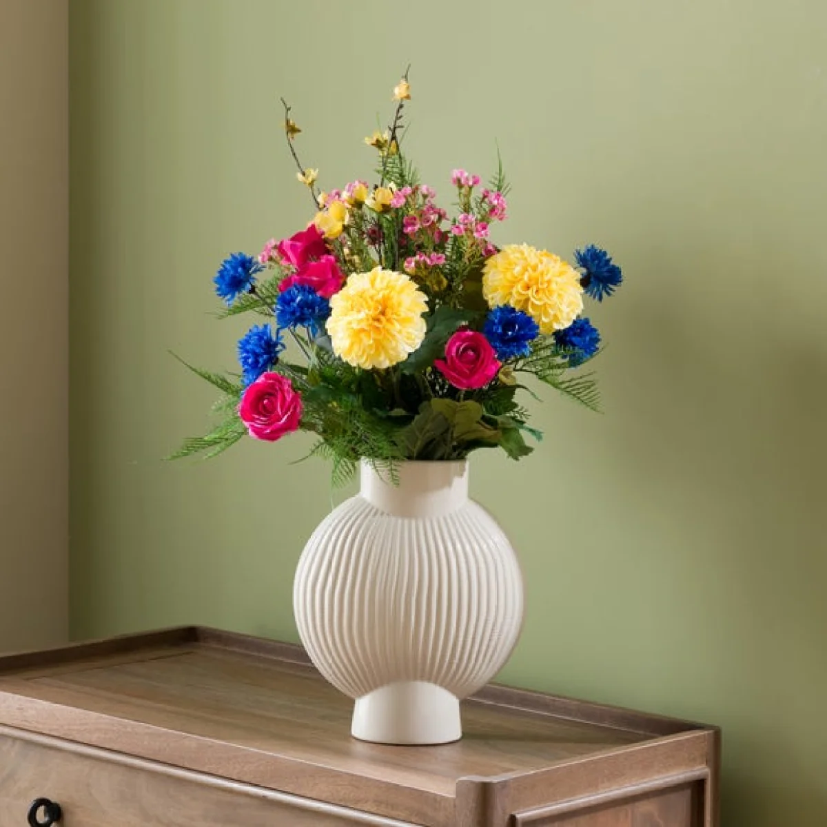 Artificial Annabelle Bright Dahlia, Rose & Cornflower Bouquet – image 4
