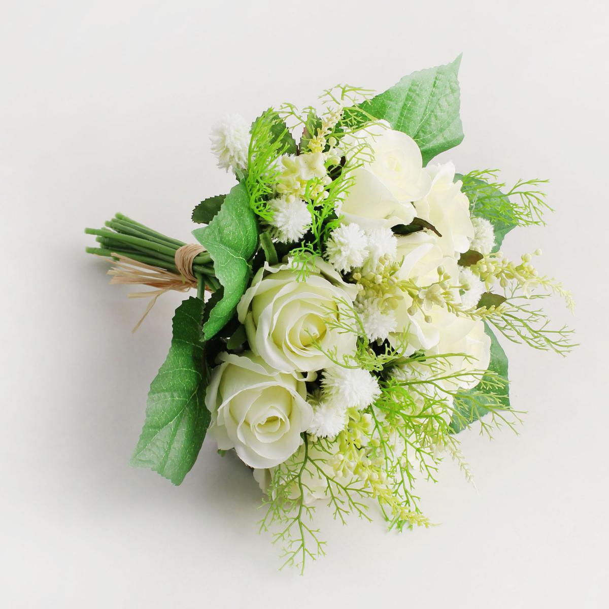 Pack of 4 Artificial Rose and Heather Cream Bouquet 30cm Cream – image 2