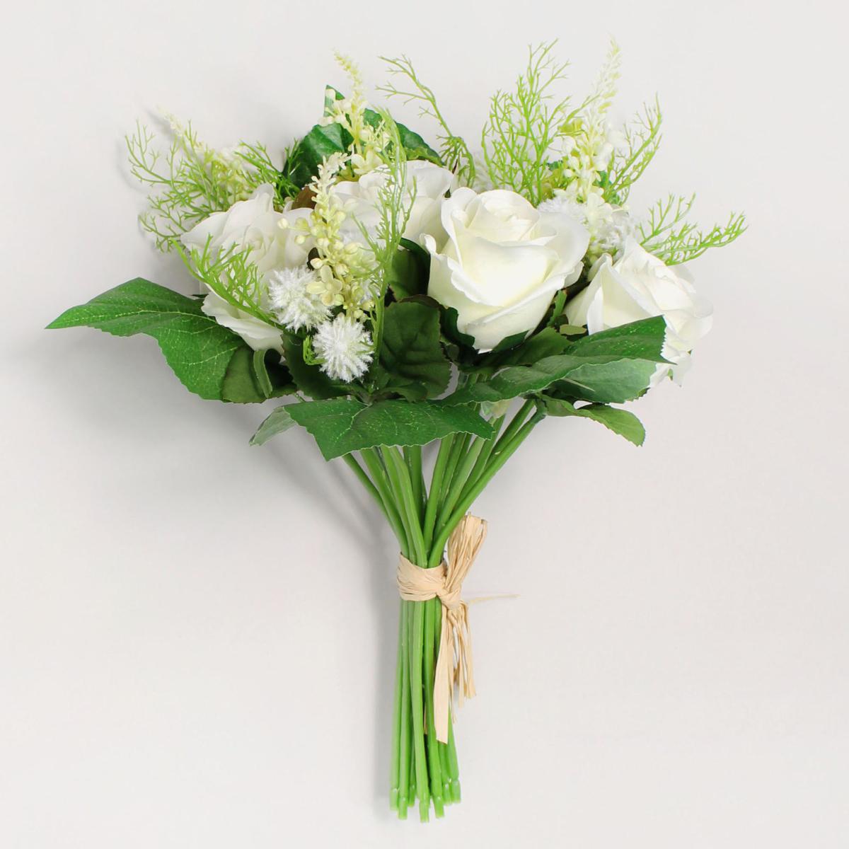 Pack of 4 Artificial Rose and Heather Cream Bouquet 30cm Cream – image 3