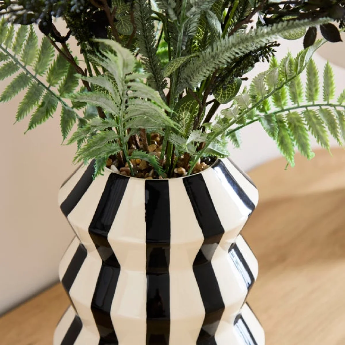 Artificial Deep Burgundy Floral Arrangement in Striped Angular Vase – image 2