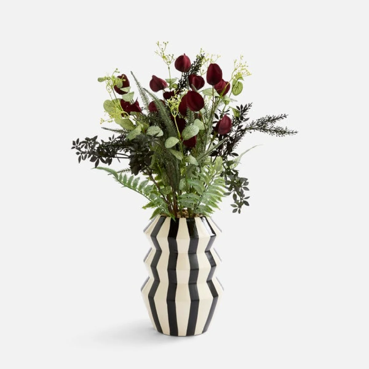 Artificial Deep Burgundy Floral Arrangement in Striped Angular Vase – image 3