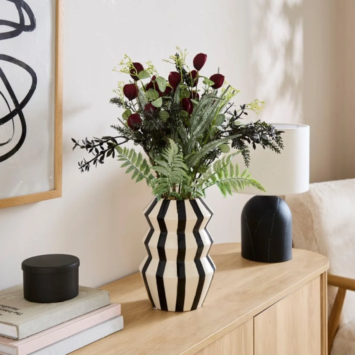 Artificial Deep Burgundy Floral Arrangement in Striped Angular Vase – image 1