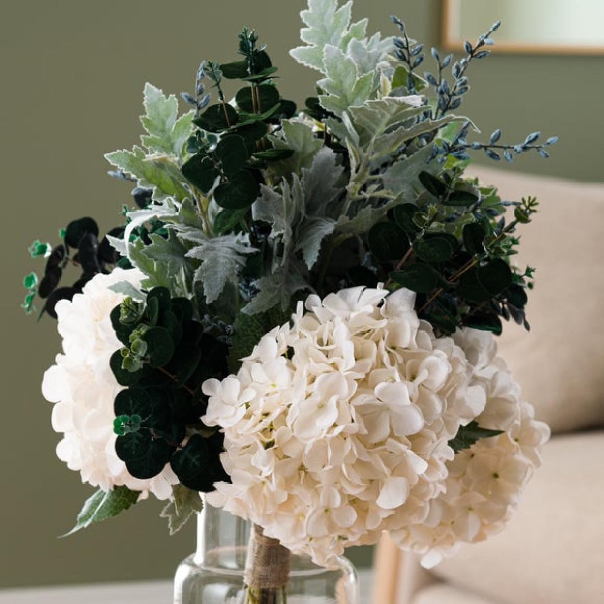 Artificial White Hydrangea & Deep Foliage Bouquet – image 2