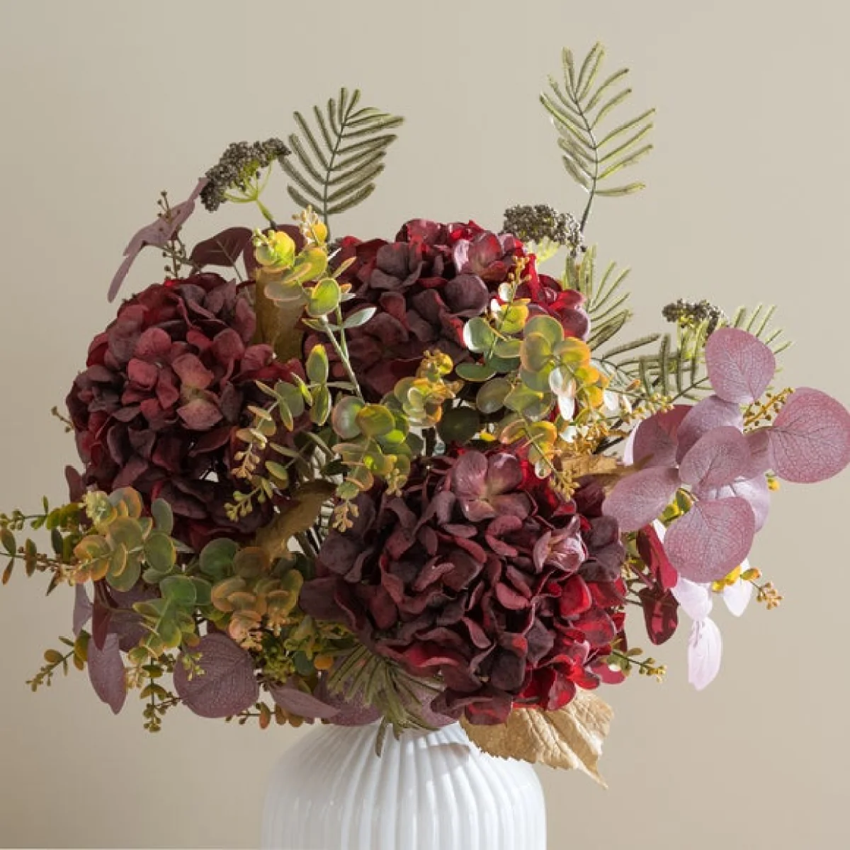 Artificial Burgundy Hydrangea & Eucalyptus Autumn Bouquet – image 2