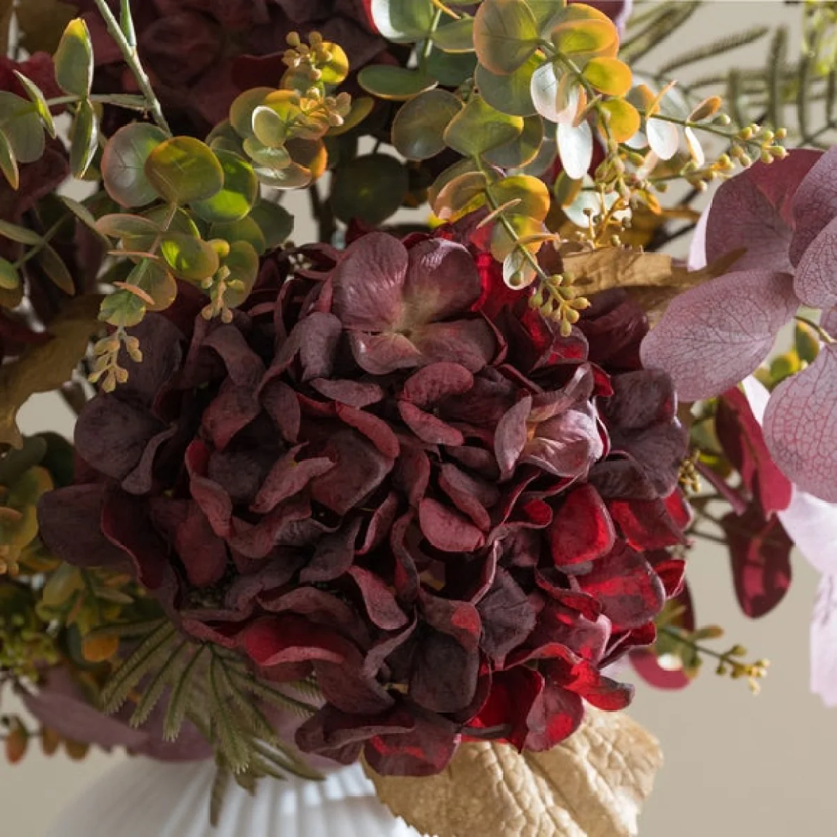 Artificial Burgundy Hydrangea & Eucalyptus Autumn Bouquet – image 3