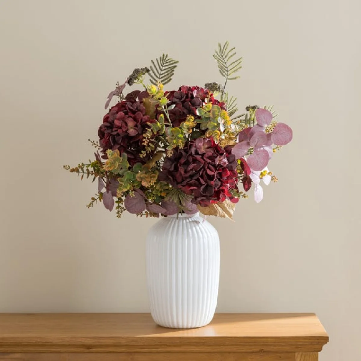 Artificial Burgundy Hydrangea & Eucalyptus Autumn Bouquet – image 4