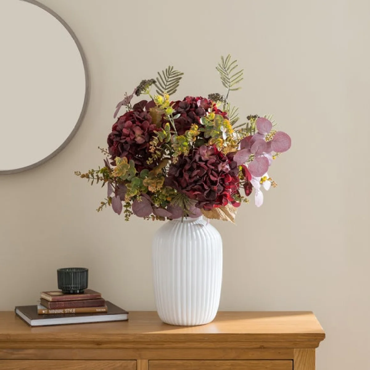 Artificial Burgundy Hydrangea & Eucalyptus Autumn Bouquet – image 1