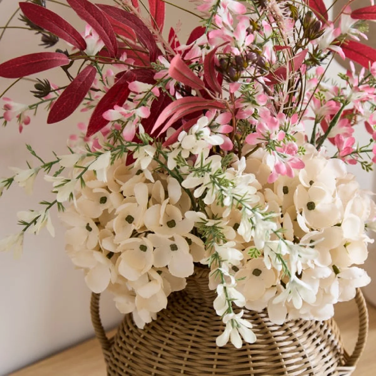 Artificial Cream & Pink Arrangement in Woven Vase – image 2
