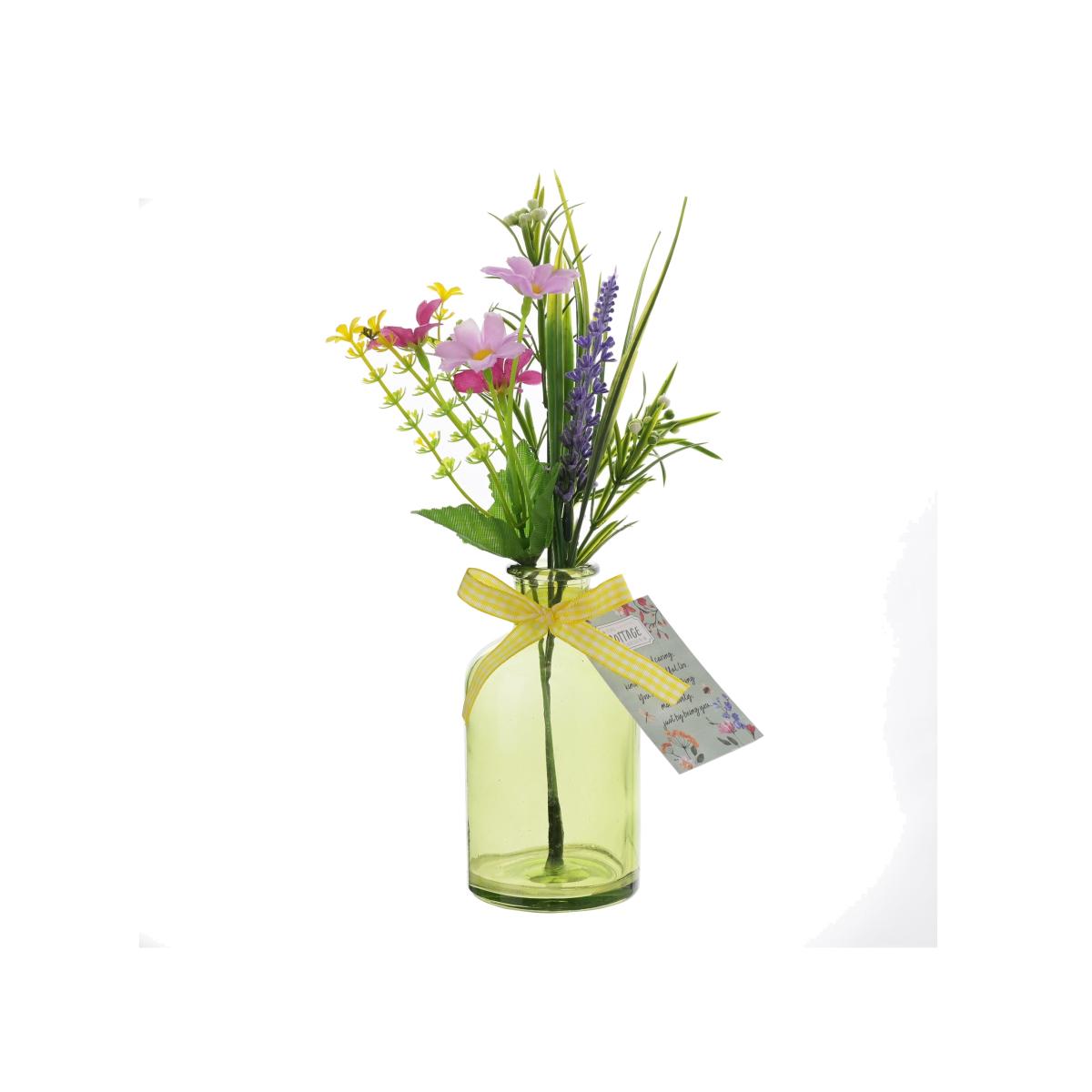 The Cottage Garden Artificial Bouquet in Green Glass Vase – image 1