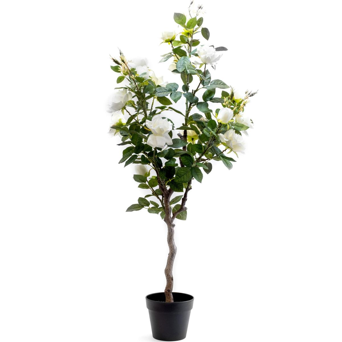 Artificial White Rose Tree in Black Plant Pot Green – image 3