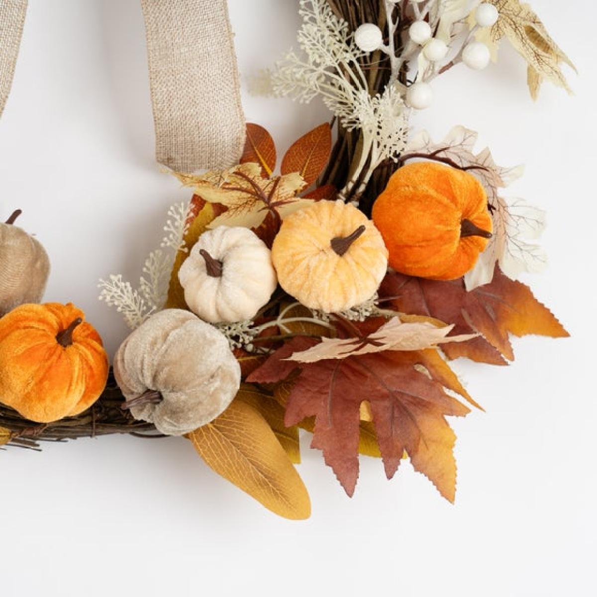 Artificial Velvet Pumpkins & Foliage Half Wreath with Bow – image 2