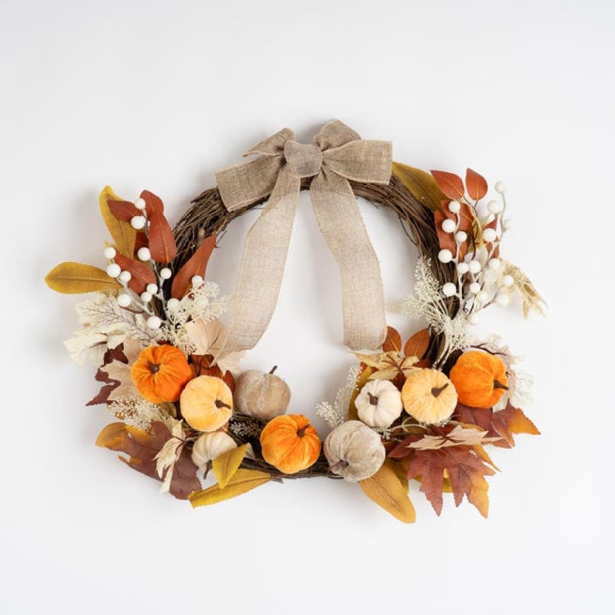 Artificial Velvet Pumpkins & Foliage Half Wreath with Bow – image 3