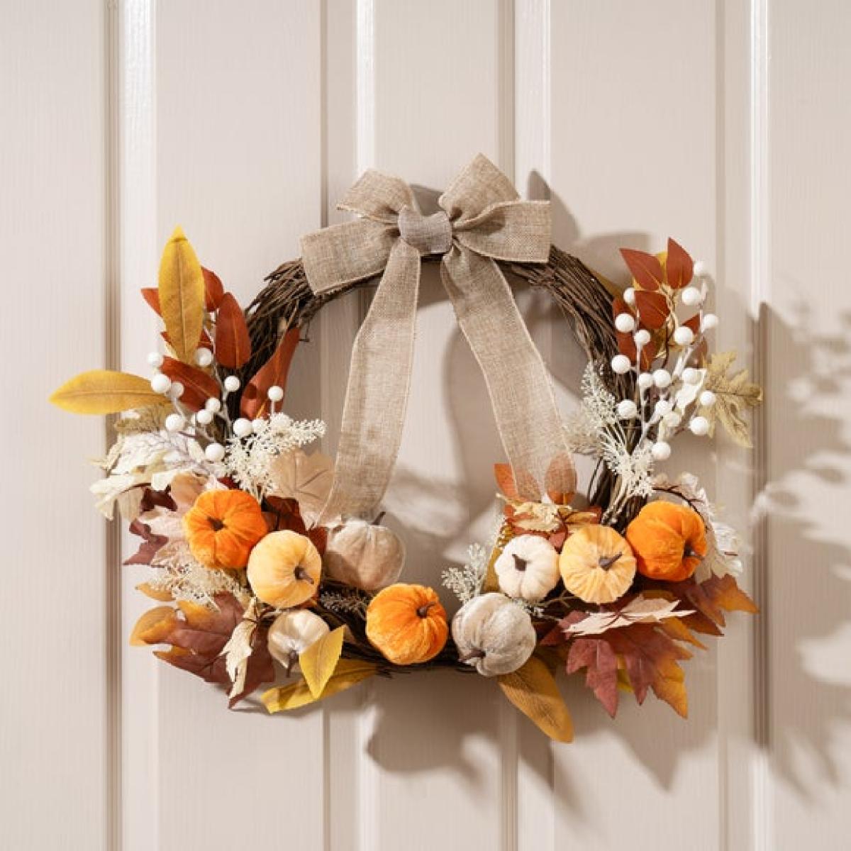 Artificial Velvet Pumpkins & Foliage Half Wreath with Bow – image 1