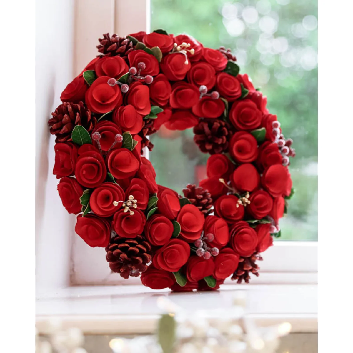 Indoor Red Crimson Rose Wreath 35cm – image 2
