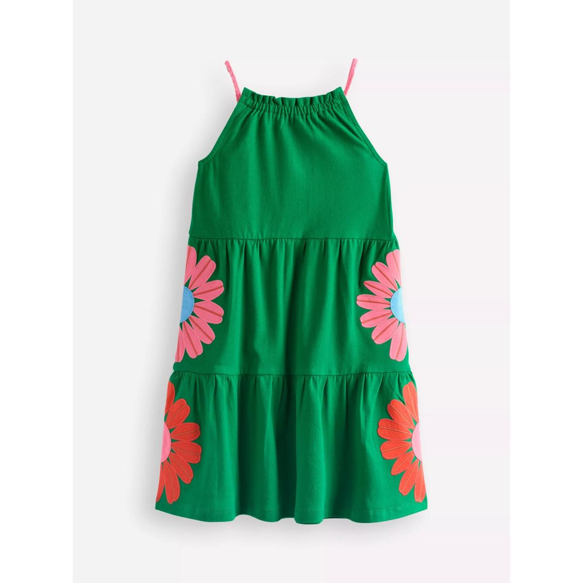 Mini Boden Kids' Enola Cotton Sleeveless Tiered Dress, Rich Emerald Flowers – image 2