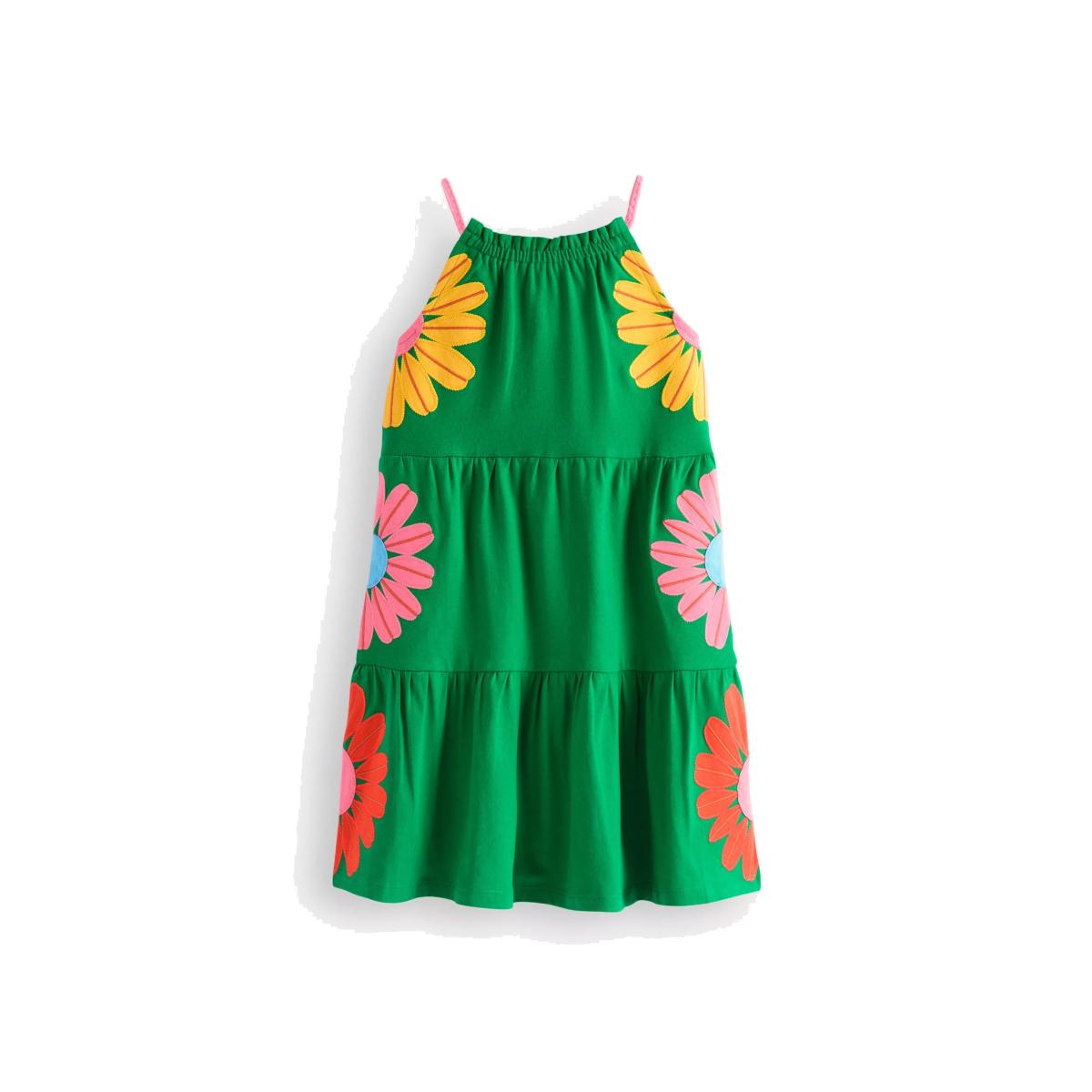 Mini Boden Kids' Enola Cotton Sleeveless Tiered Dress, Rich Emerald Flowers – image 1