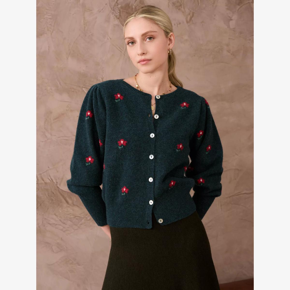 Brora Flowers Lambswool Cardigan, Cedar – image 1