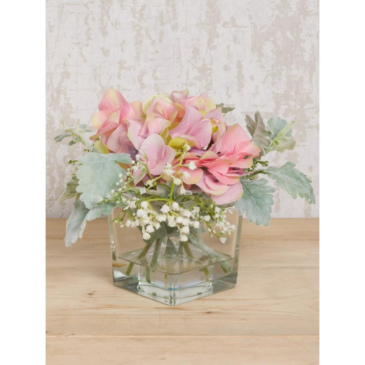 Floralsilk Artificial Hydrangea & Foliage in Cube Vase – image 3
