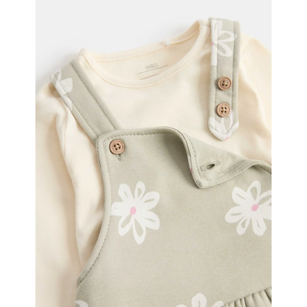 M&S 2 Piece Jersey Flower Dungarees with Top (0-3 Yrs) Green Mix – image 2