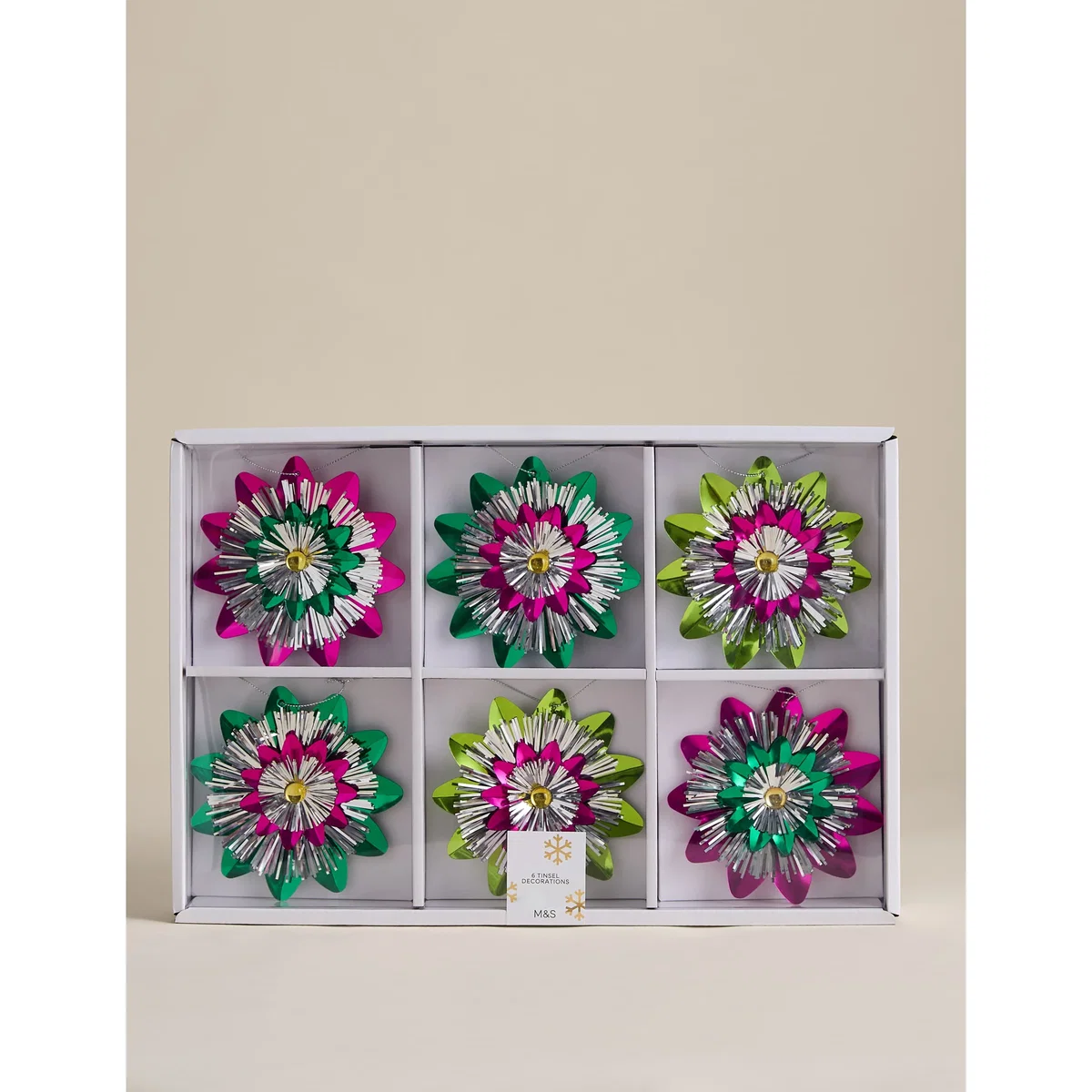 M&S 6 Pack Multicoloured Tinsel Rosettes Multi – image 2