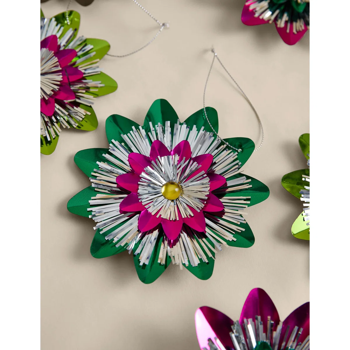 M&S 6 Pack Multicoloured Tinsel Rosettes Multi – image 3