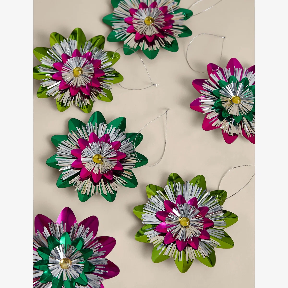 M&S 6 Pack Multicoloured Tinsel Rosettes Multi – image 1