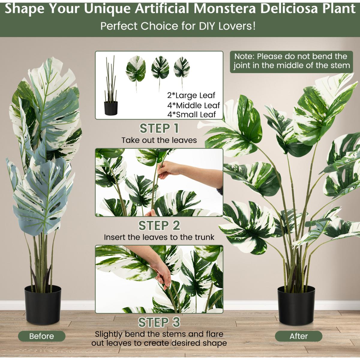 Costway 120cm Artificial Monstera Deliciosa Plant Fake Palm Tree - Green – image 6