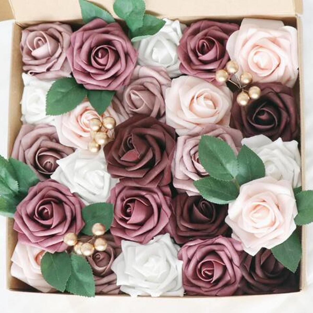Artificial Rose Peony Flower Bouquet With Square Gift Box Wedding Decor - Red – image 1