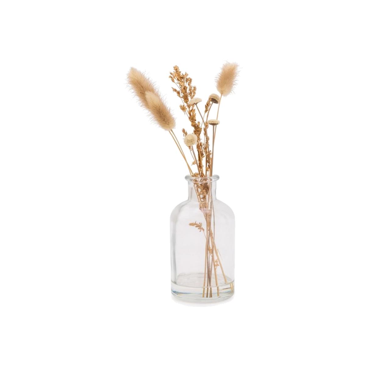 Dried Grasses Flowers Arrangement in Round Glass Vase - White