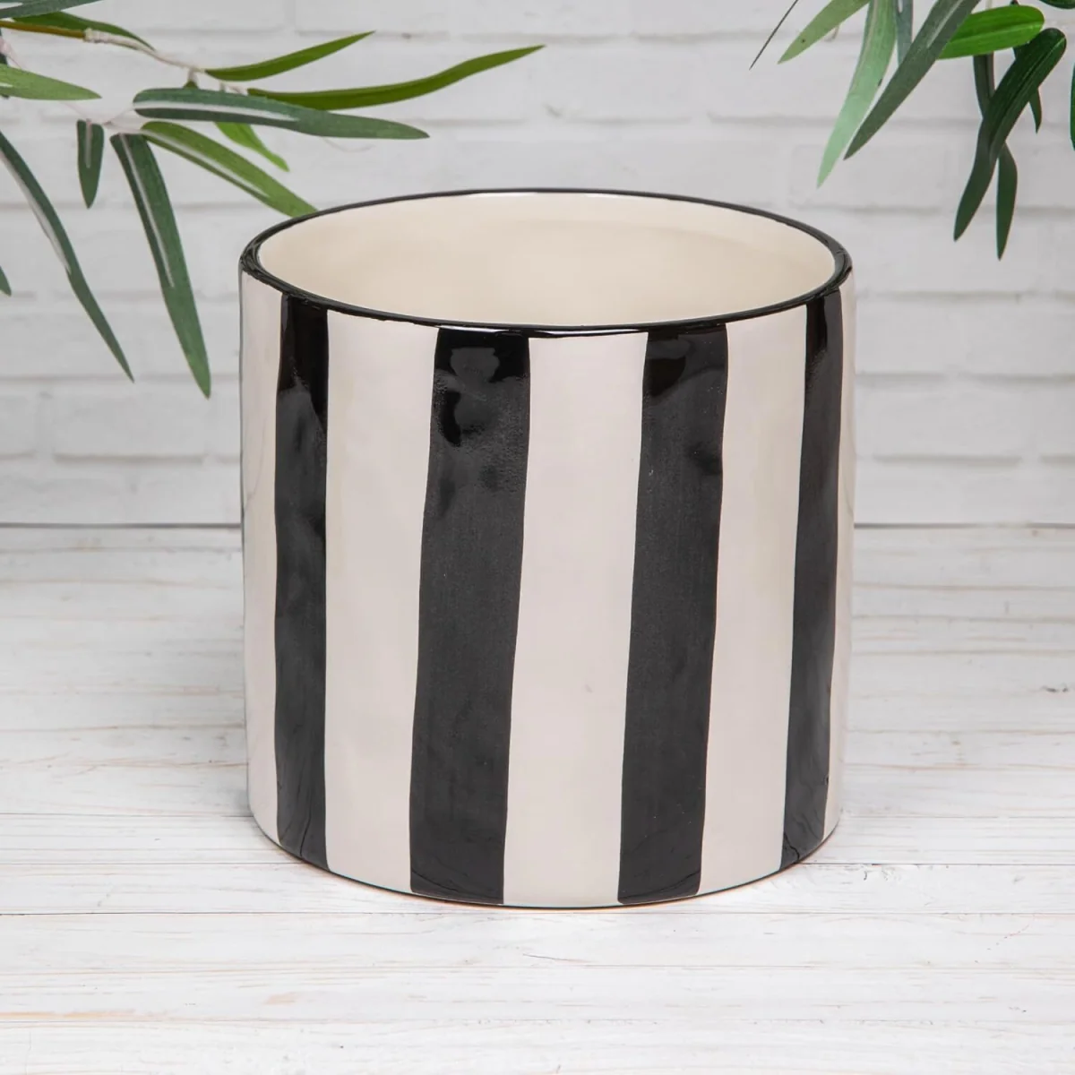 Black & White Striped Ceramic Glazed Indoor Flower Pot - Blue
