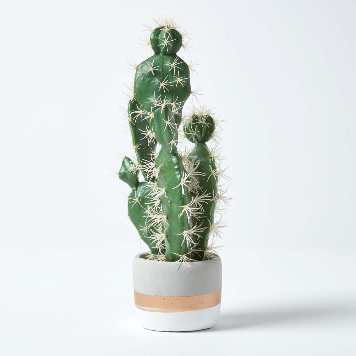 Homescapes Prickly Pear Artificial Cactus in Contemporary Stone Pot, 40 cm Tall - Green