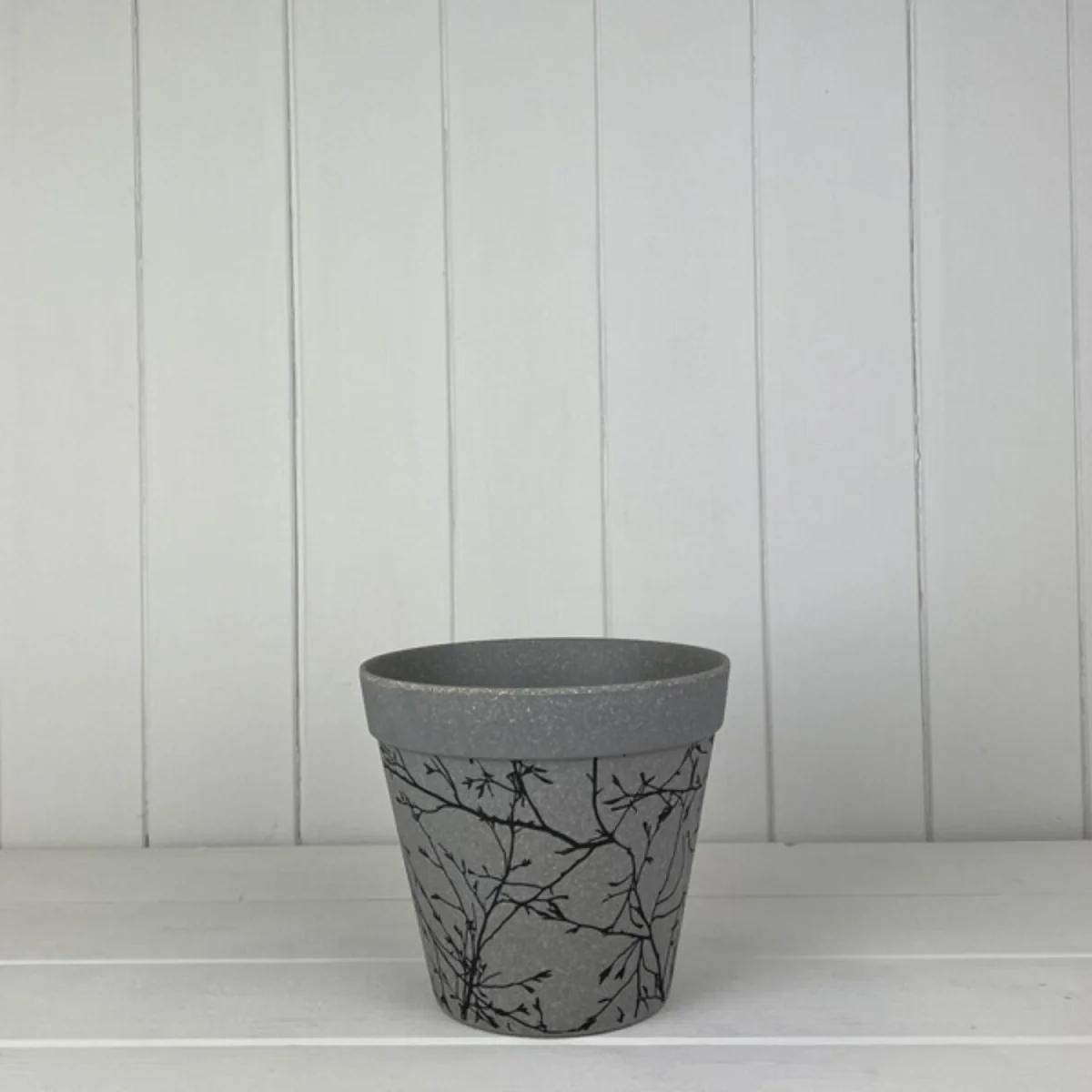 Earthy Warm Grey Straw Flower Pot With Silhouette Branch Design - Grey