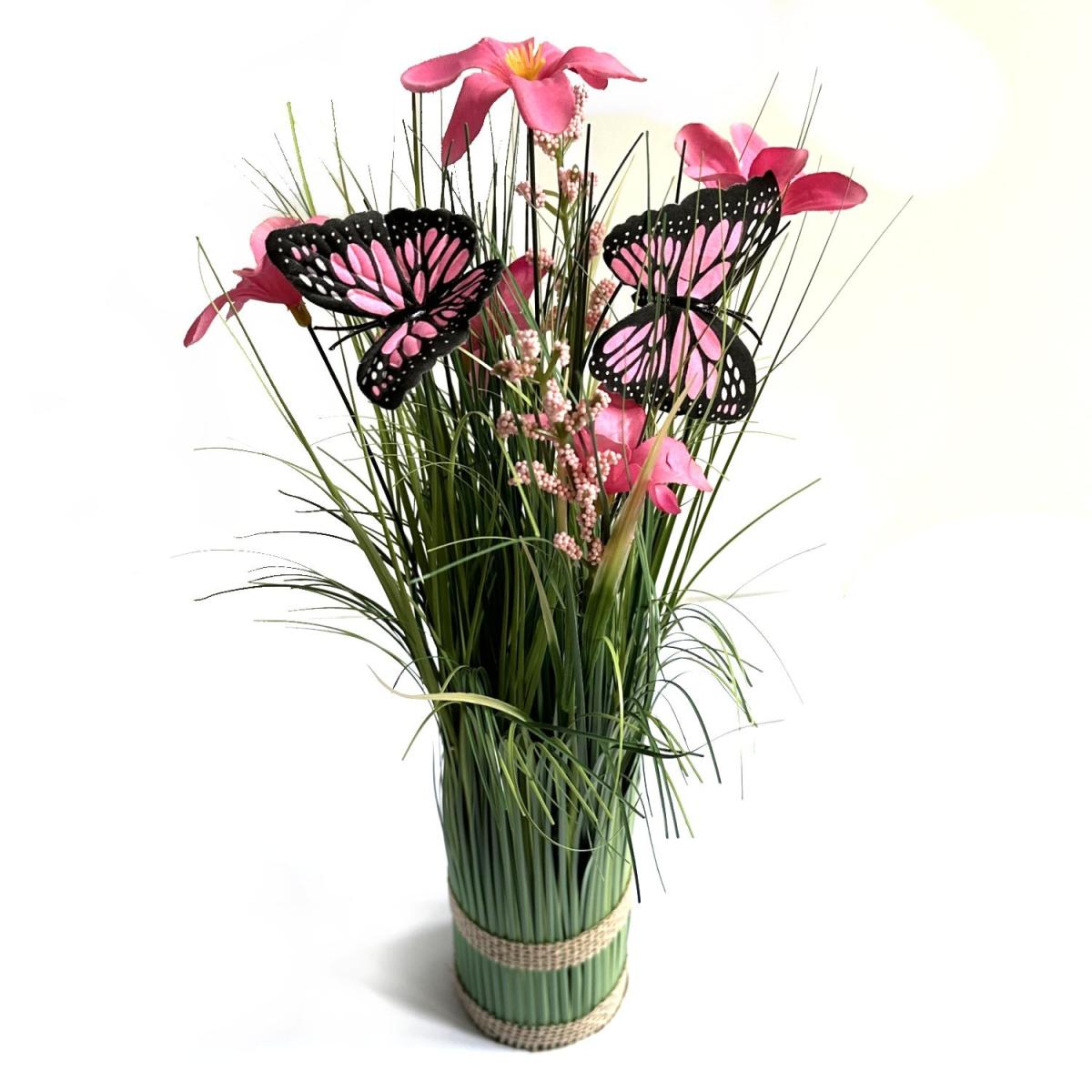 Artificial Grass and Pink Flower Arrangement with Butterflies - Pink – image 2