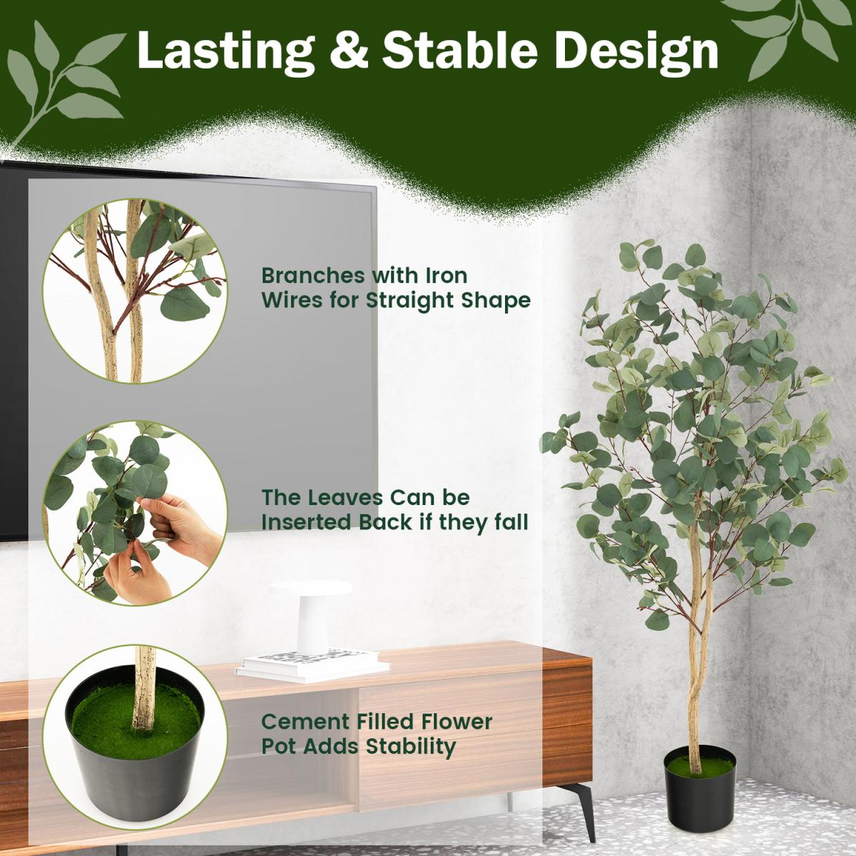 Costway Artificial Eucalyptus Tree 140CM Tall Fake Eucalyptus Plants - Green – image 5