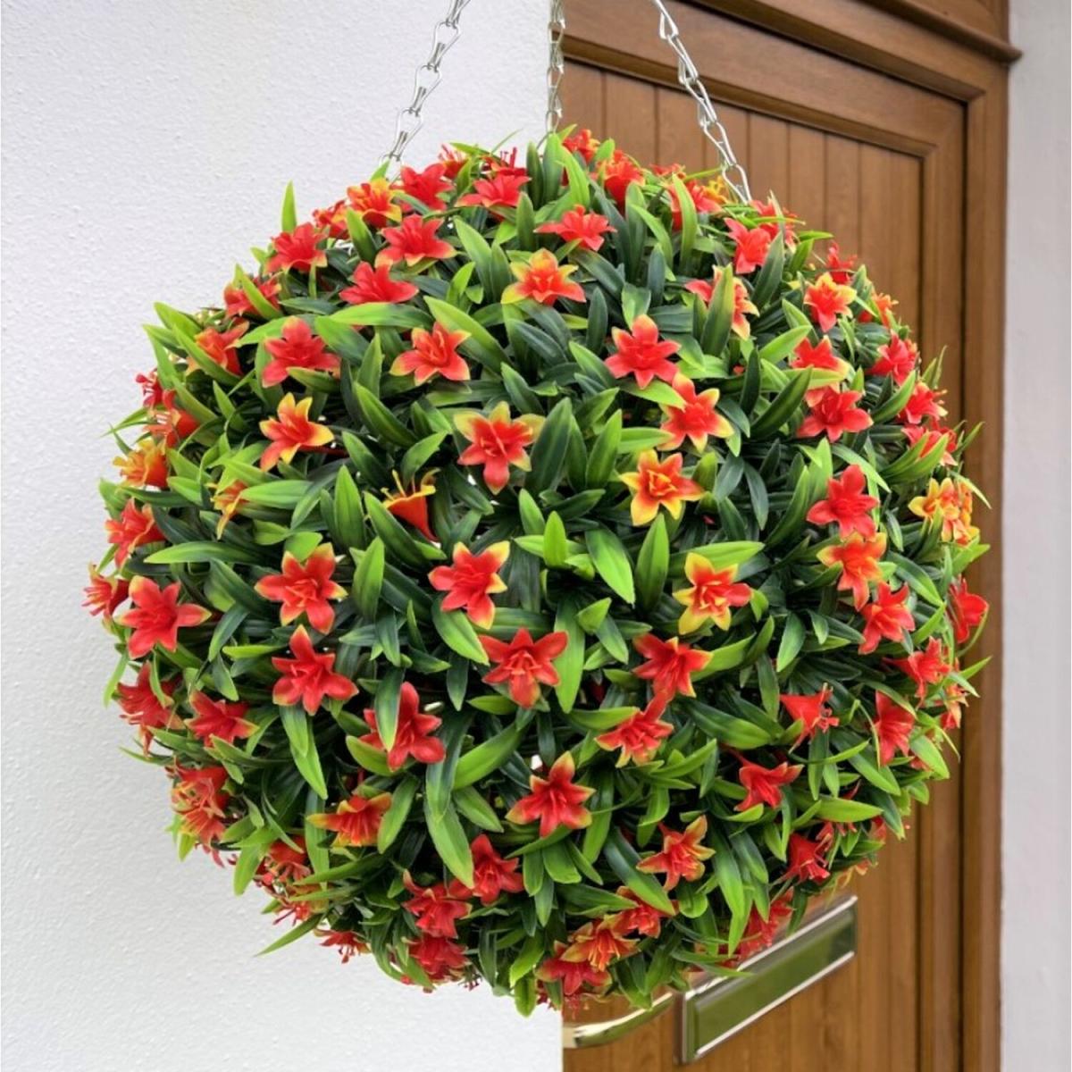Best Artificial 38cm Orange Lily Hanging Basket Flower Topiary Ball - Orange – image 3