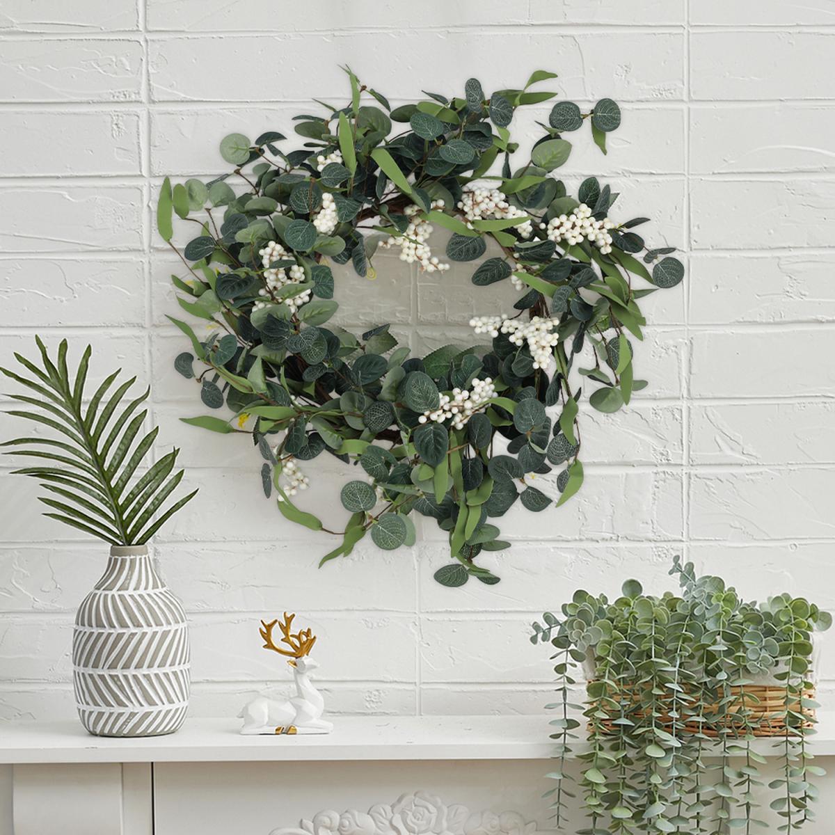 Artificial Dense Eucalyptus Foliage Flower Leaves Berry Wreath - Green – image 3