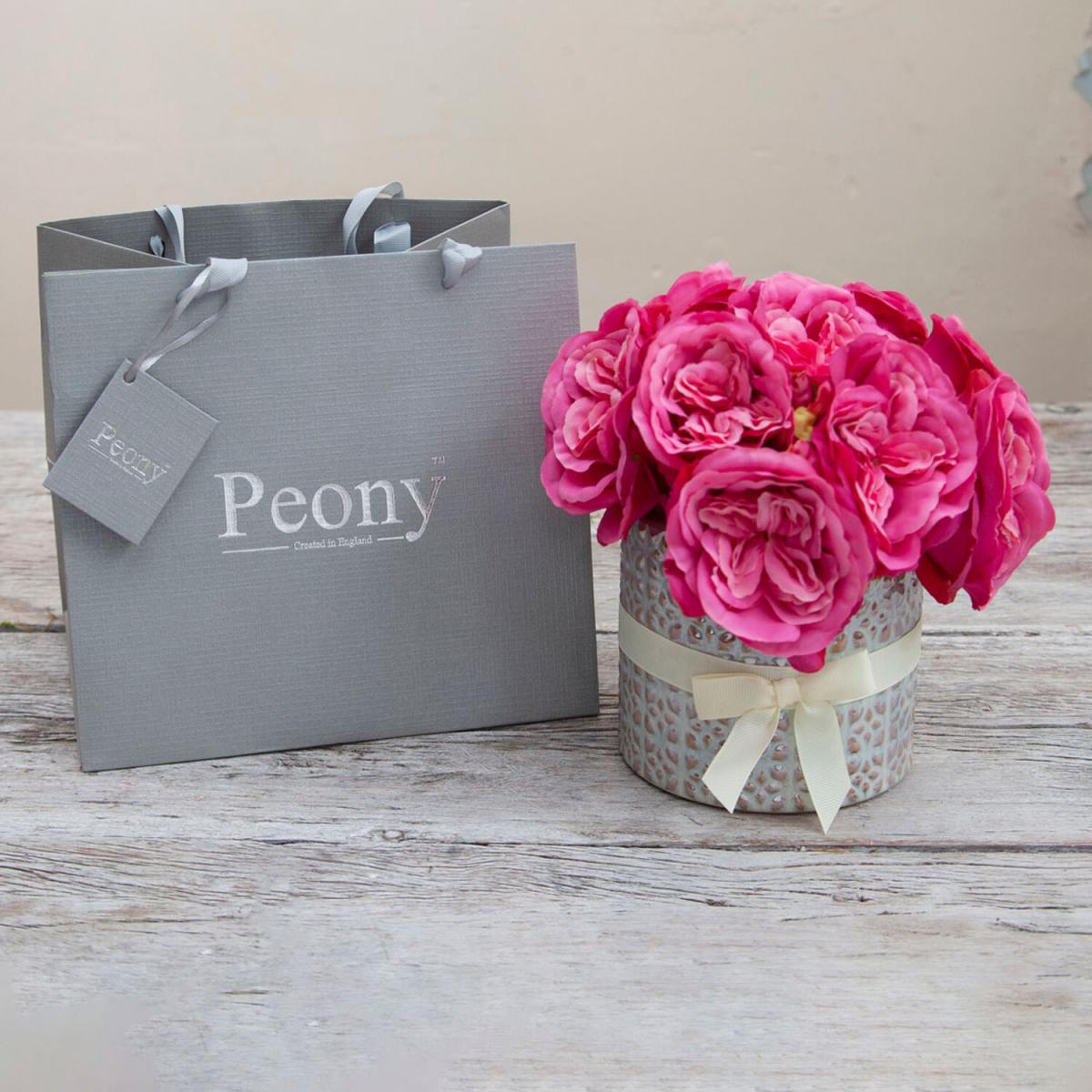 Fuchsia Old English Roses in a pearlised textured vase, with gift bag by Peony - Soft Fuchsia – image 2