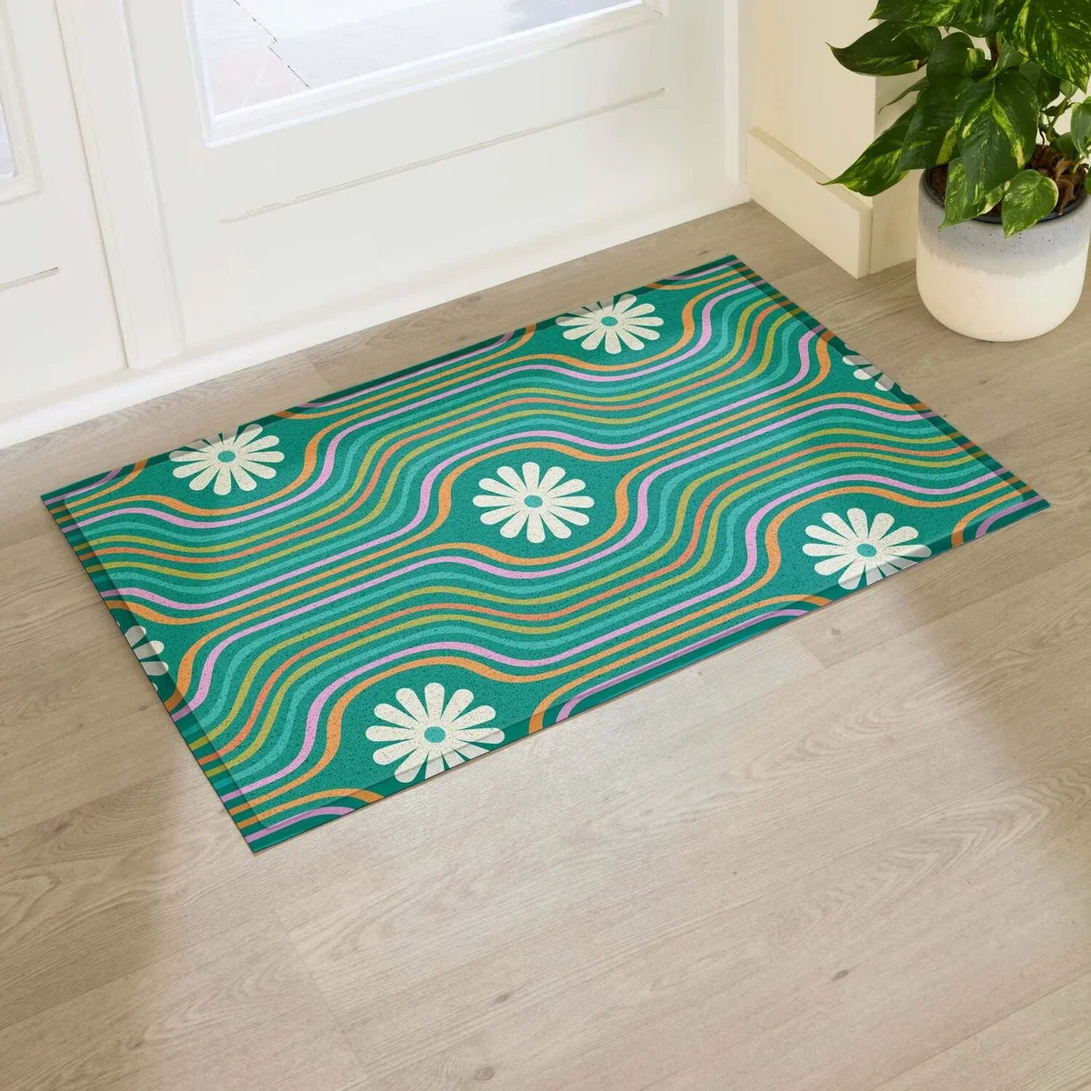 Elizabeth Olwen Flower Lines Green Indoor/Outdoor Doormat (90x60cm) - Multi / 90 x 60cm