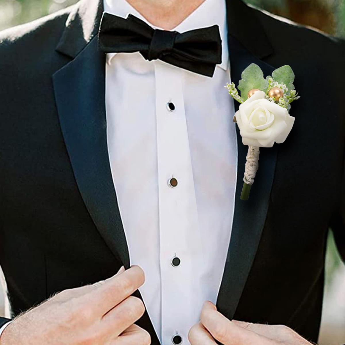 4PCS Artificial Rose Flower Brooch Handmade Boutonniere Corsage Bouquet - White