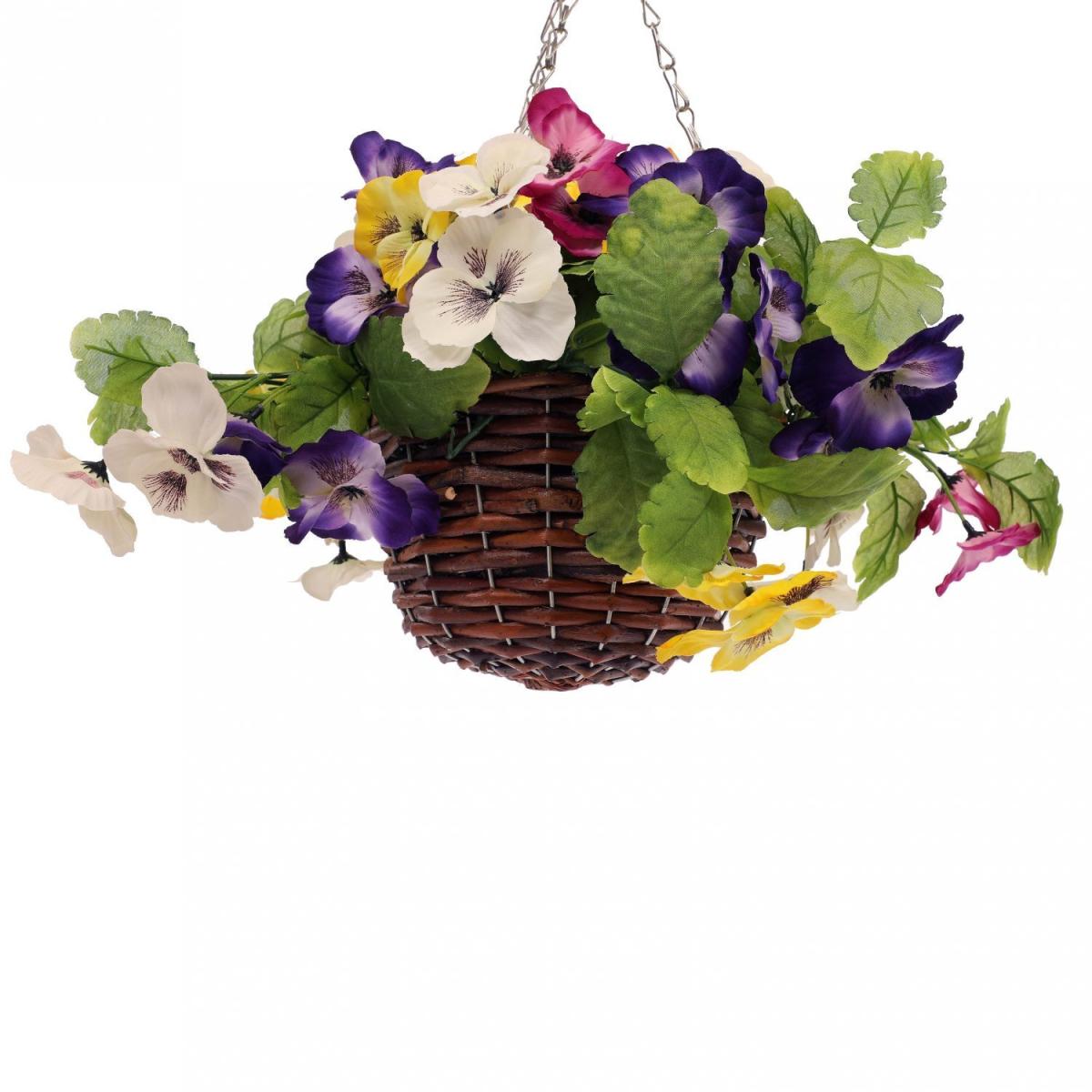 Artificial Garden Hanging Wicker Basket with Multicoloured Pansy Flowers – image 7
