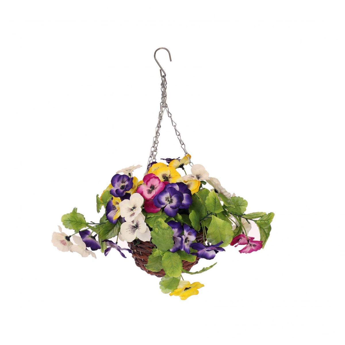 Artificial Garden Hanging Wicker Basket with Multicoloured Pansy Flowers – image 8