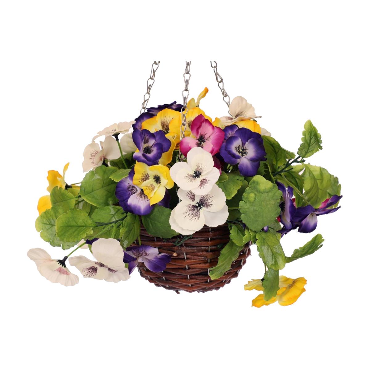 Artificial Garden Hanging Wicker Basket with Multicoloured Pansy Flowers – image 1