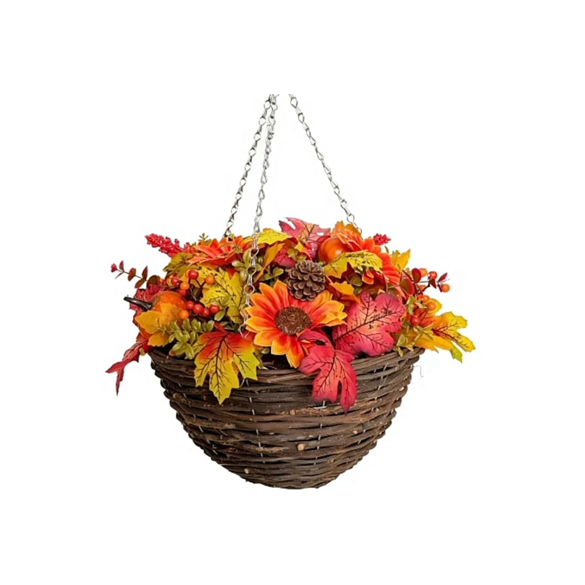 Best Artificial 14 Inch / 35cm Autumn Flower Hanging Basket with Pumpkins and Acorns - Autumn