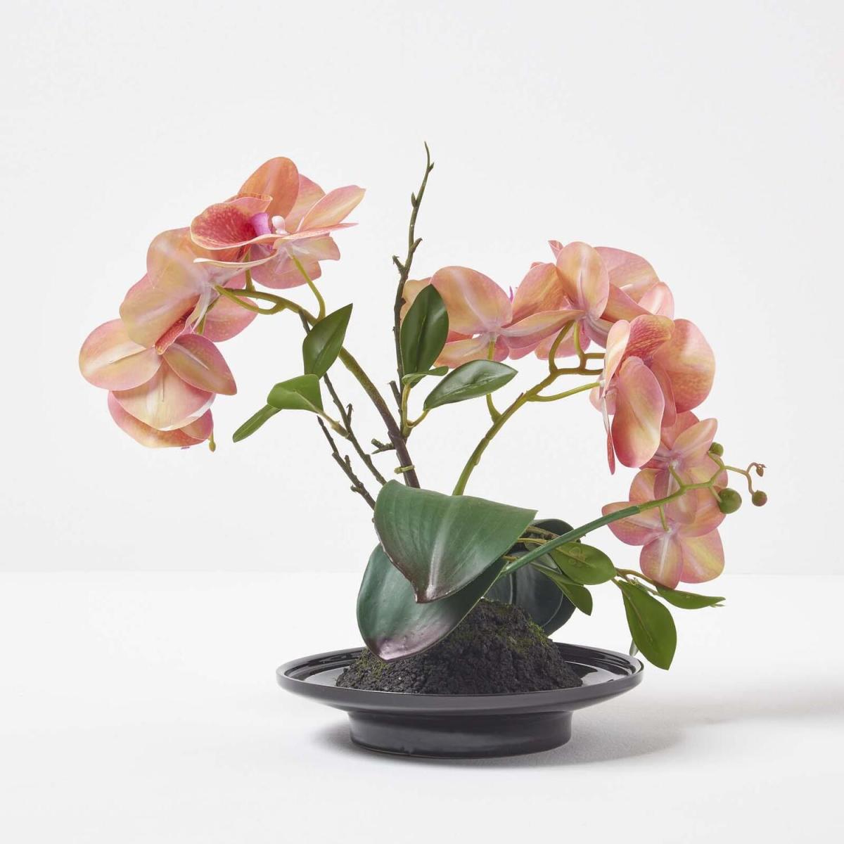 Homescapes 32cm Lifelike Artificial Orange Orchid Black Ceramic Bowl - Orange – image 2