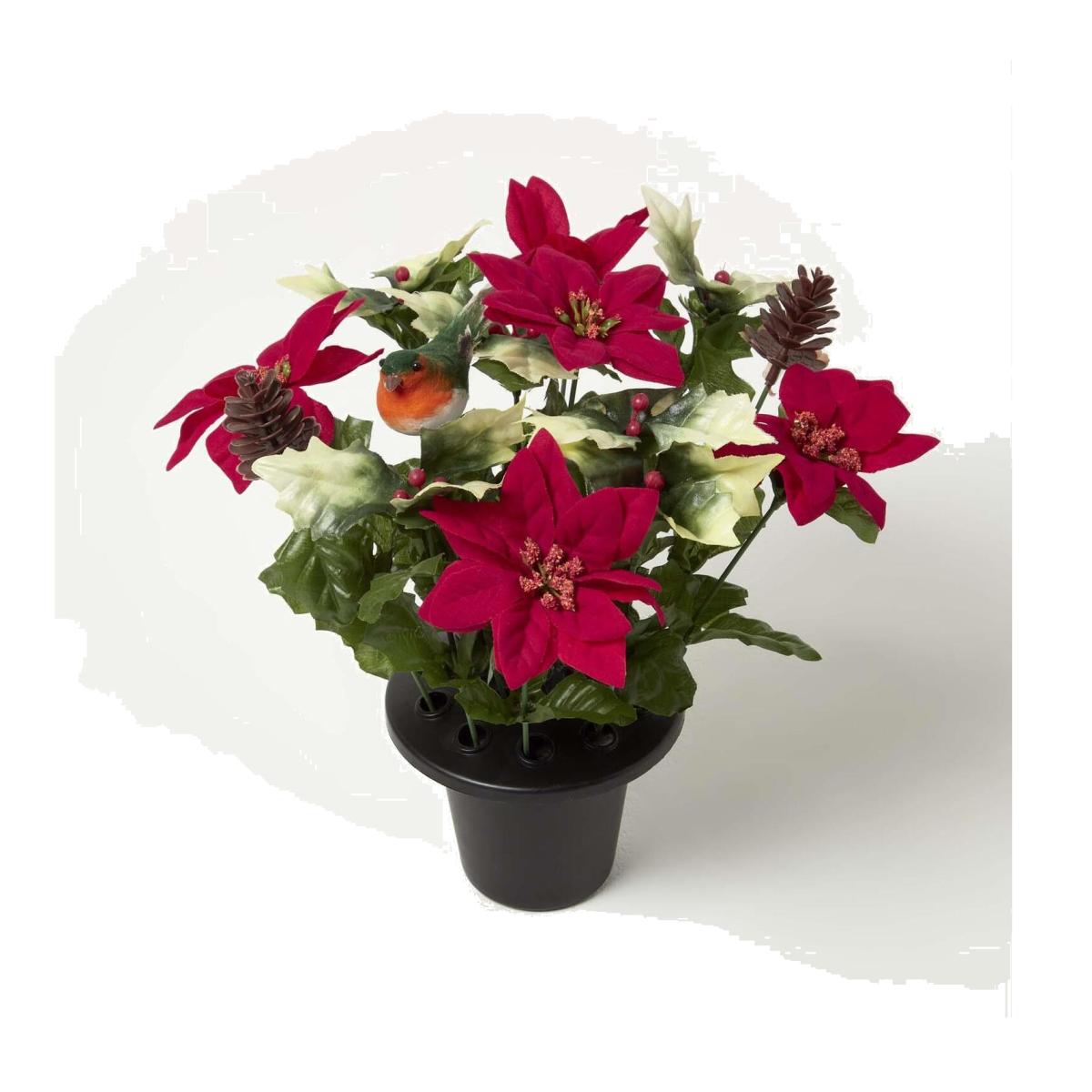 Artificial Poinsettia, Holly and Robin Grave Vase - Red