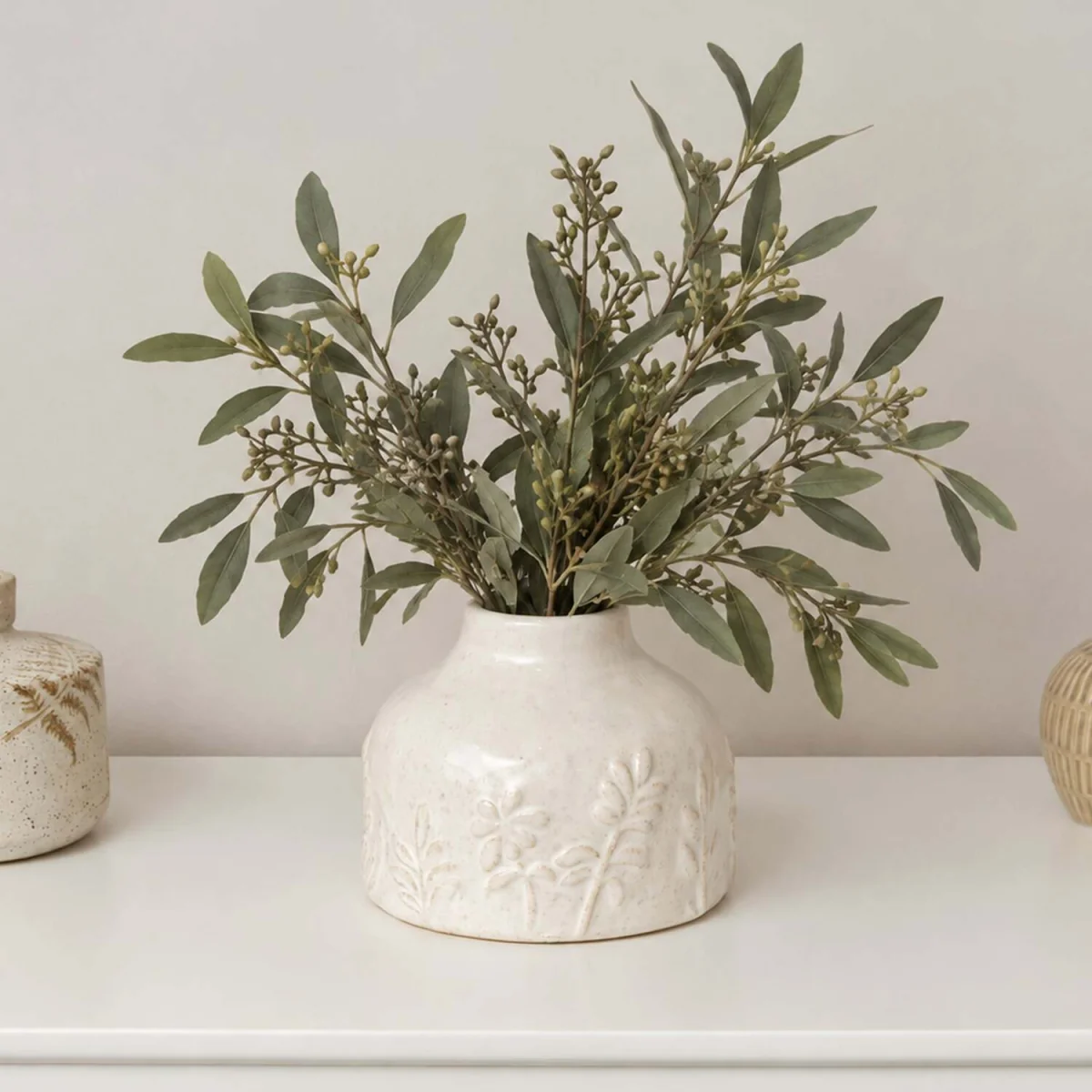 Small Ceramic Wildflower and Leaf Detailed Vase – image 1